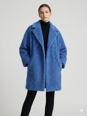 Carven Plush Double-Breasted Teddy Coat in Blue